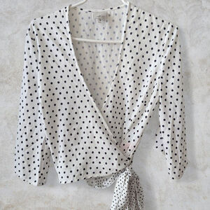 MPC | Women's White & Black Polka Dot Bell Sleeve Wrap Blouse, Size S